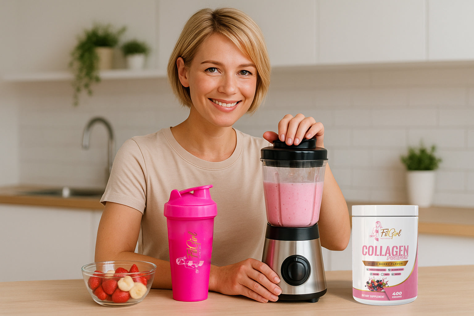 Vrouw maakt collageen shake met FitGirl shaker – collageenpoeder voor huid, haar en nagels – FitGirl Nutrition Nederland