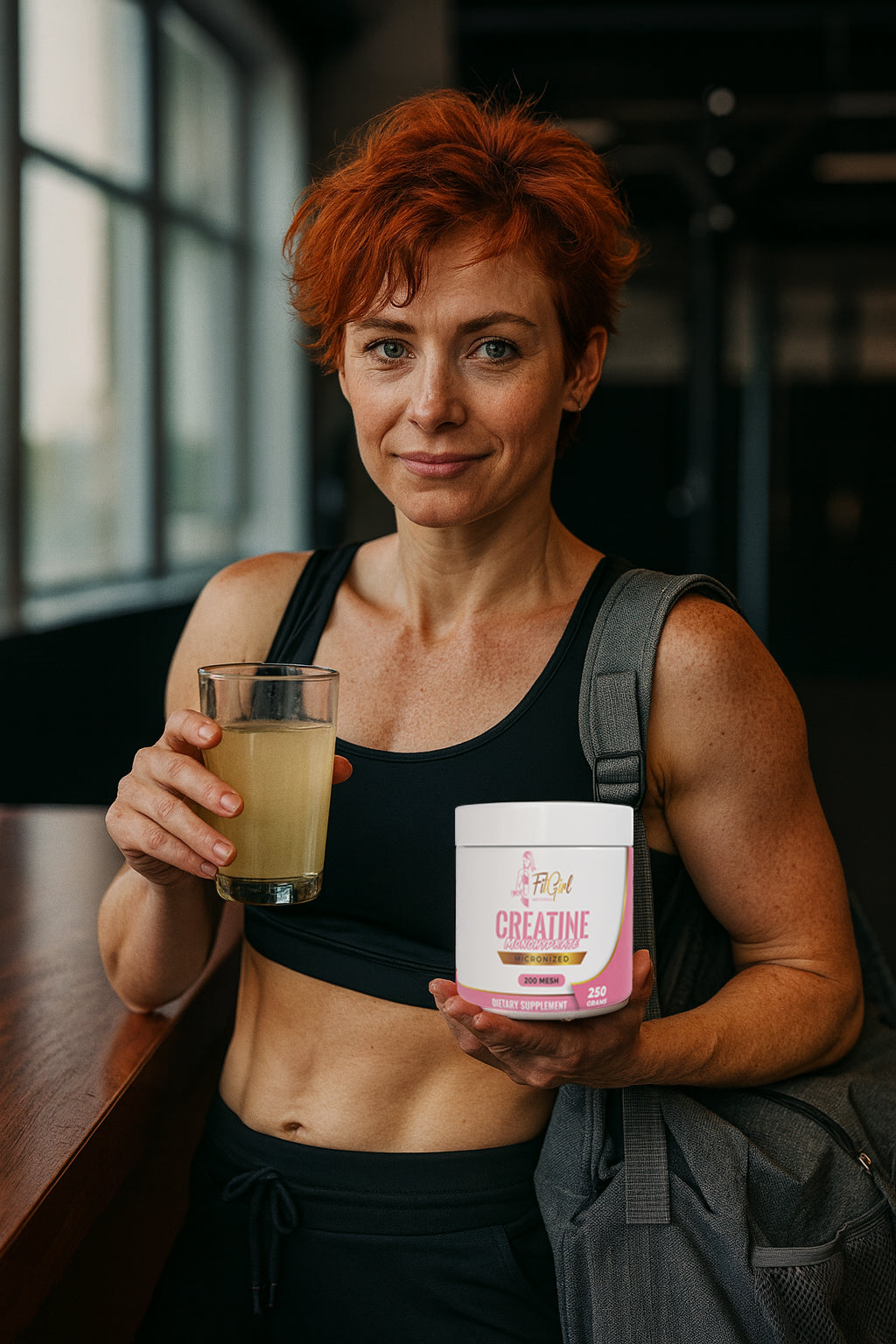 Vrouw met kort rood haar drinkt creatine in de sportschool naast een pot FitGirl Creatine – kracht en herstel – FitGirl Nutrition Nederland
