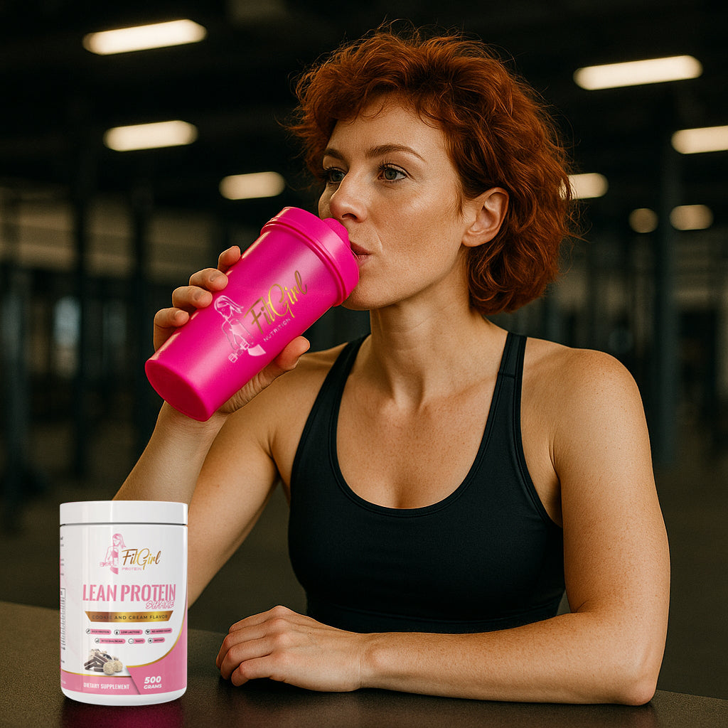 Vrouw met kort rood haar drinkt FitGirl Lean Protein shake aan de bar in sportschool – eiwitshake vrouw – spierherstel en spierbehoud – FitGirl Nutrition Nederland