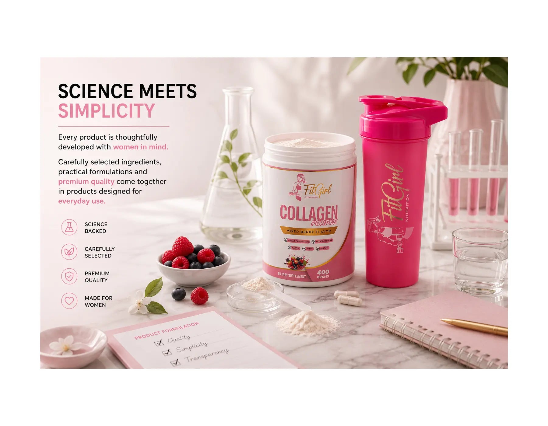 FitGirl Nutrition collagen powder with premium ingredients, shaker and product formulation concept in a clean, modern lifestyle setting.