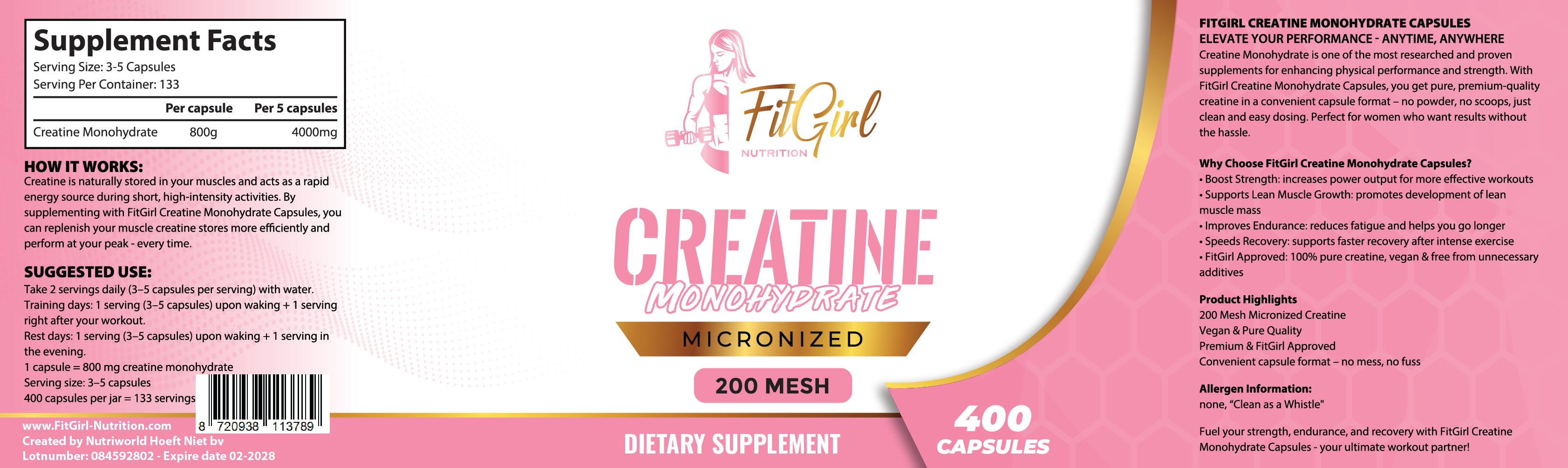 FitGirl Creatine Monohydrate Capsules supplement label with nutritional information