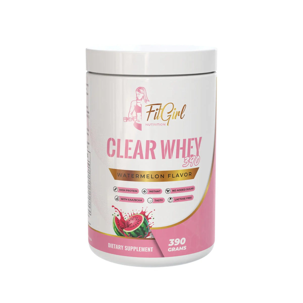 FitGirl clear whey protein starter kit in watermelon flavor, 390 grams dietary supplement container.