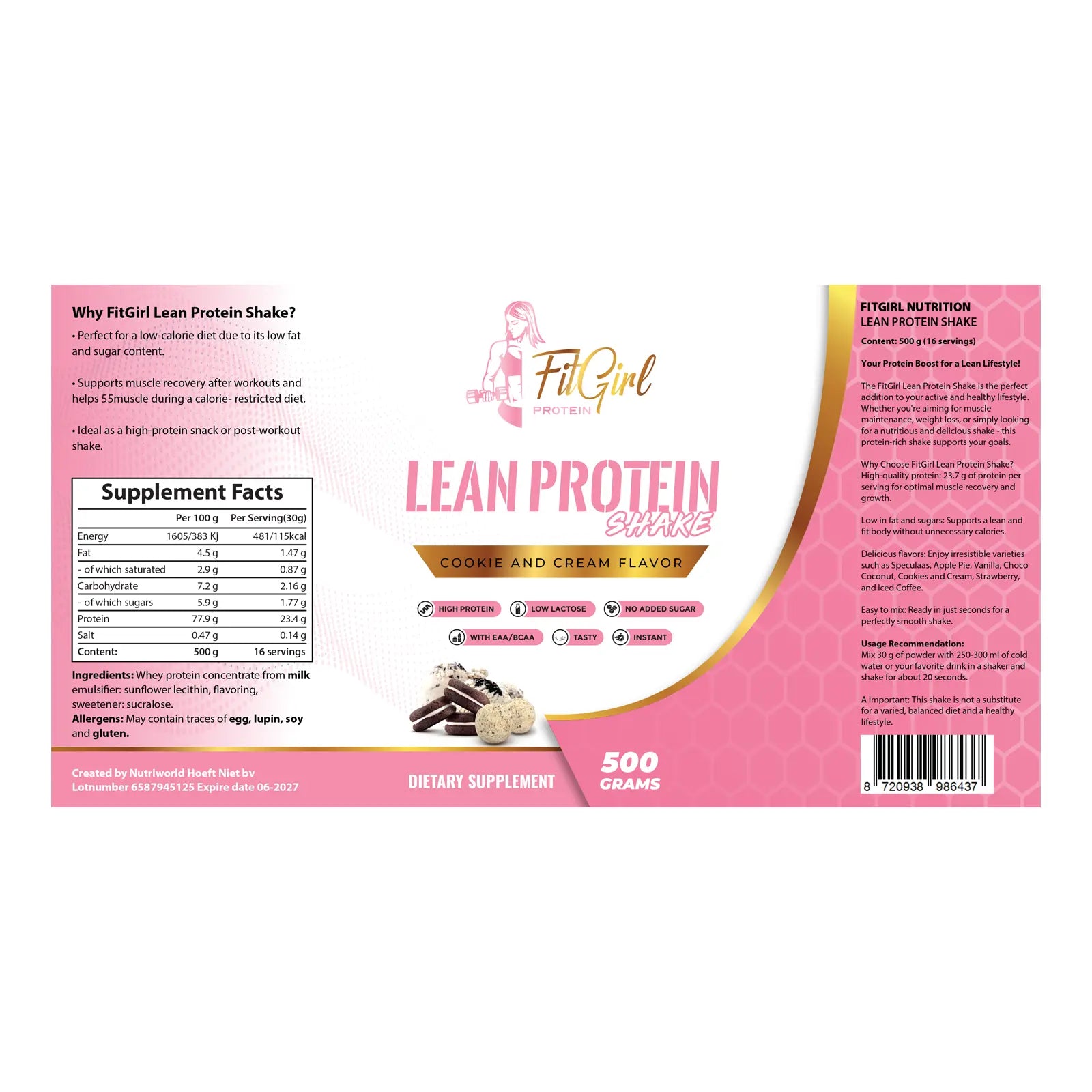 FitGirl Nutrition Lean Protein Cookies and Cream 500 g label