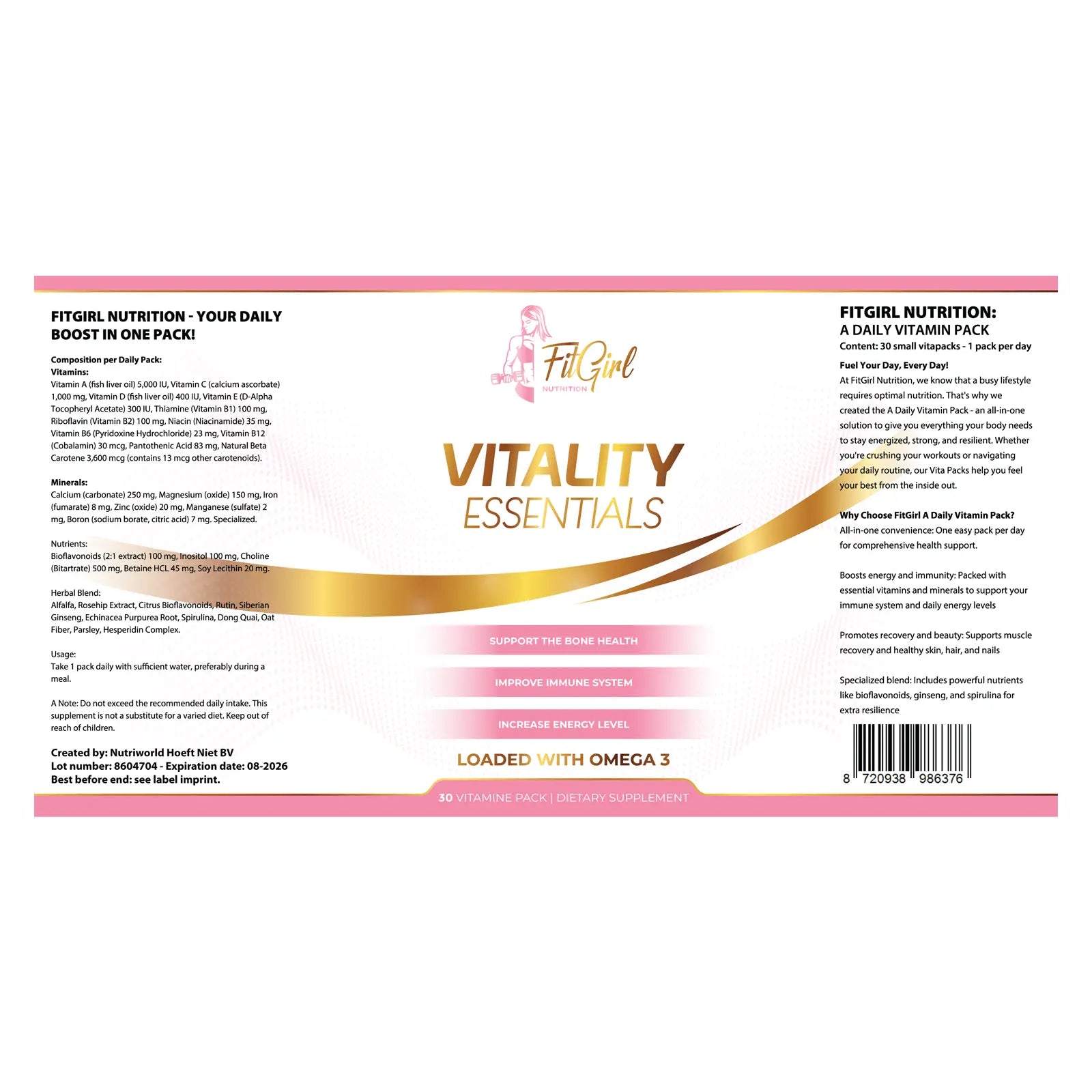 FitGirl Nutrition Vitality Essentials 30 daily packs label