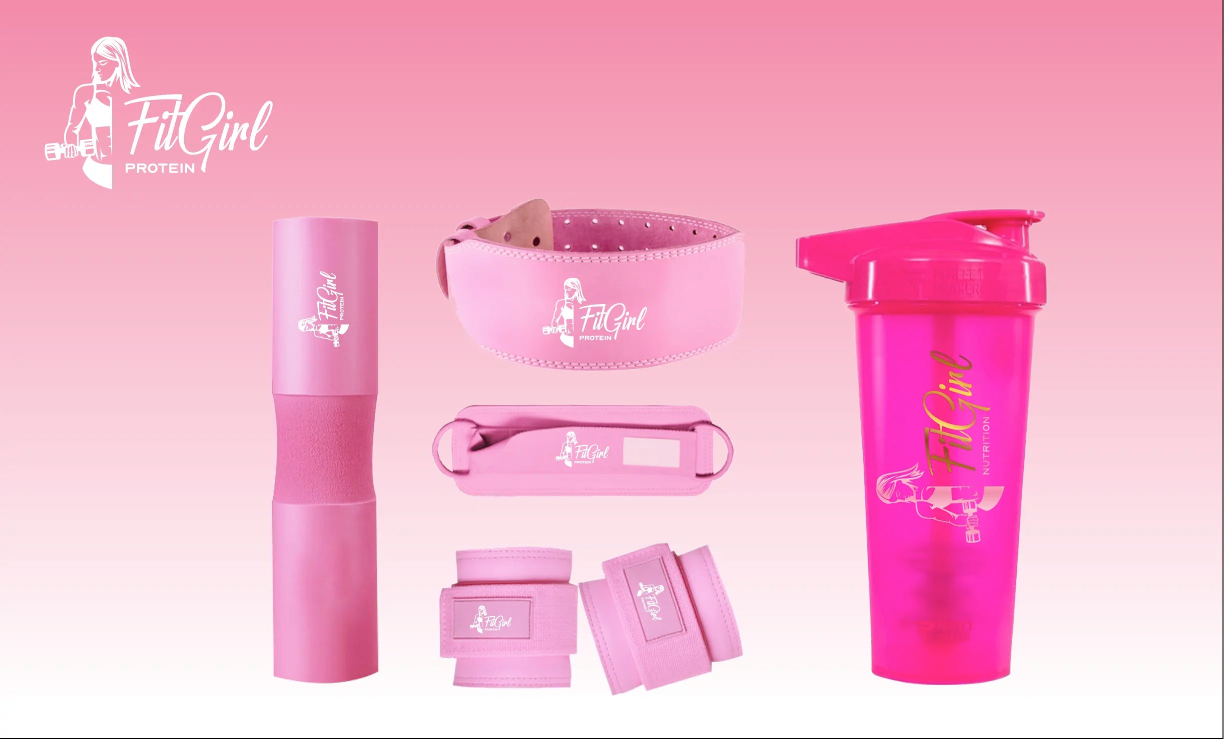 FitGirl Training Gear – stijlvolle trainingsaccessoires voor vrouwen zoals straps, wrist wraps en neon pink shaker