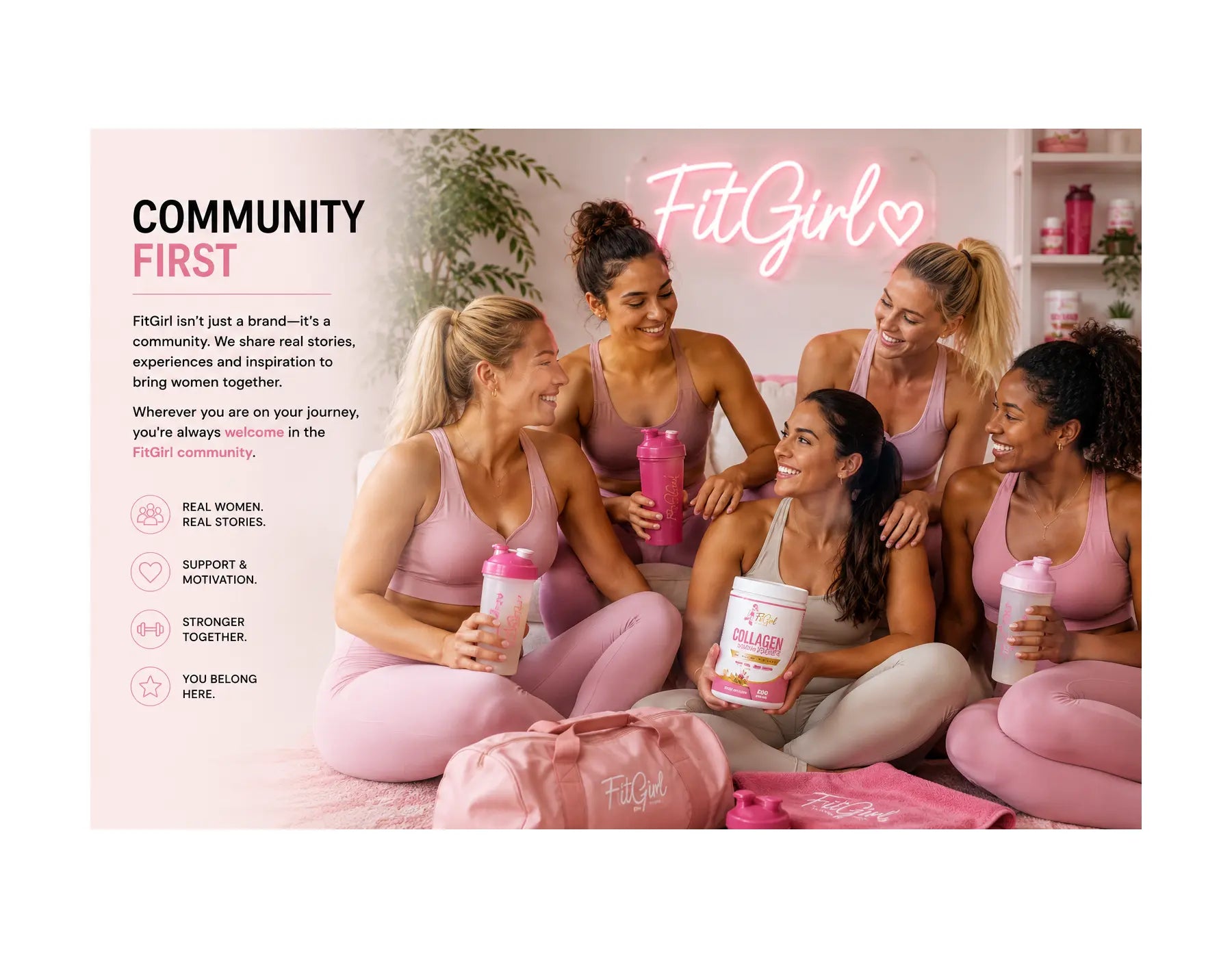 Women enjoying FitGirl Nutrition supplements together in a modern fitness community with FitGirl shaker, collagen and sports accessories.