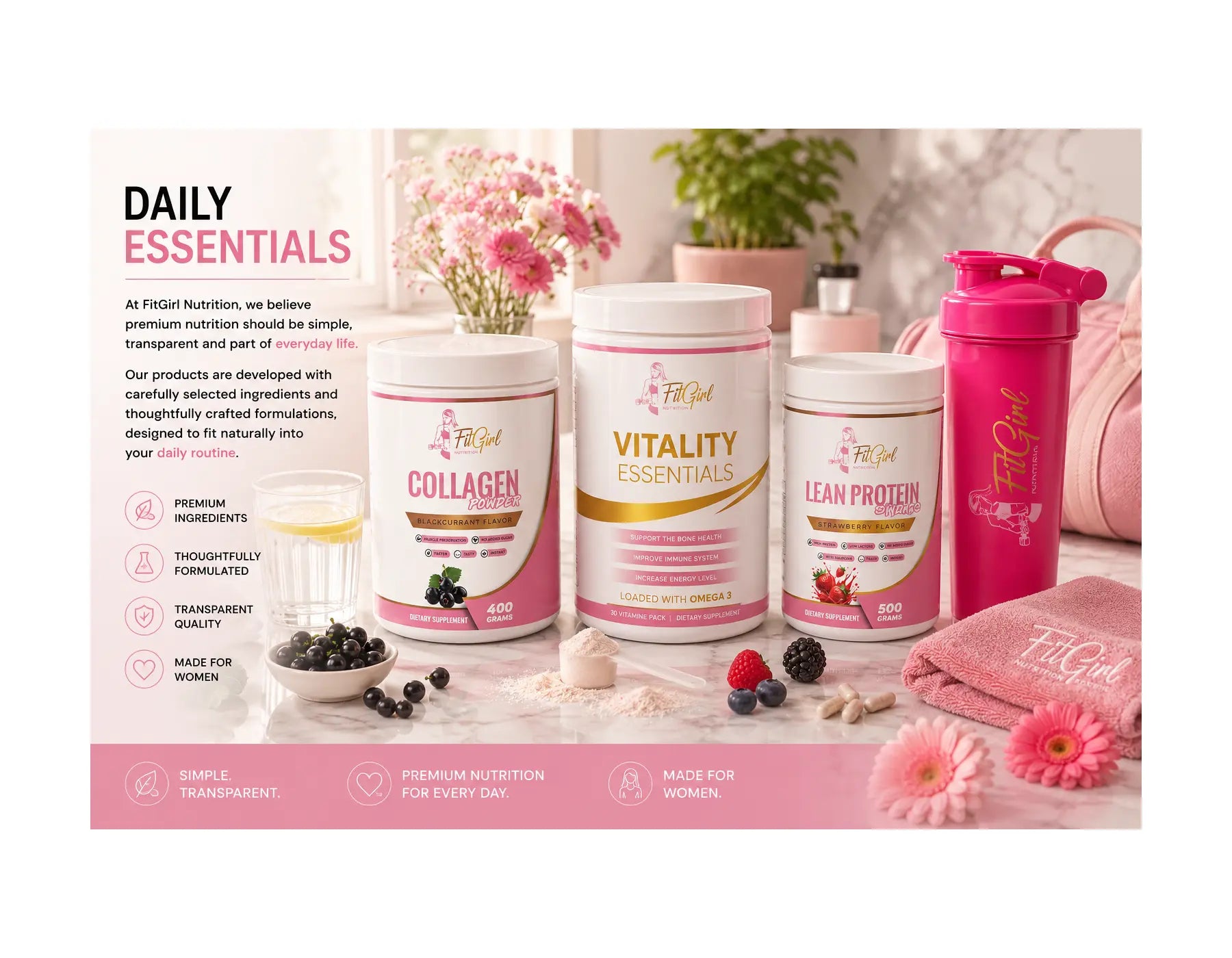 FitGirl Nutrition Daily Essentials featuring Vitality Essentials, Collagen Powder, Lean Protein Shake and a FitGirl shaker in a bright, modern lifestyle setting.