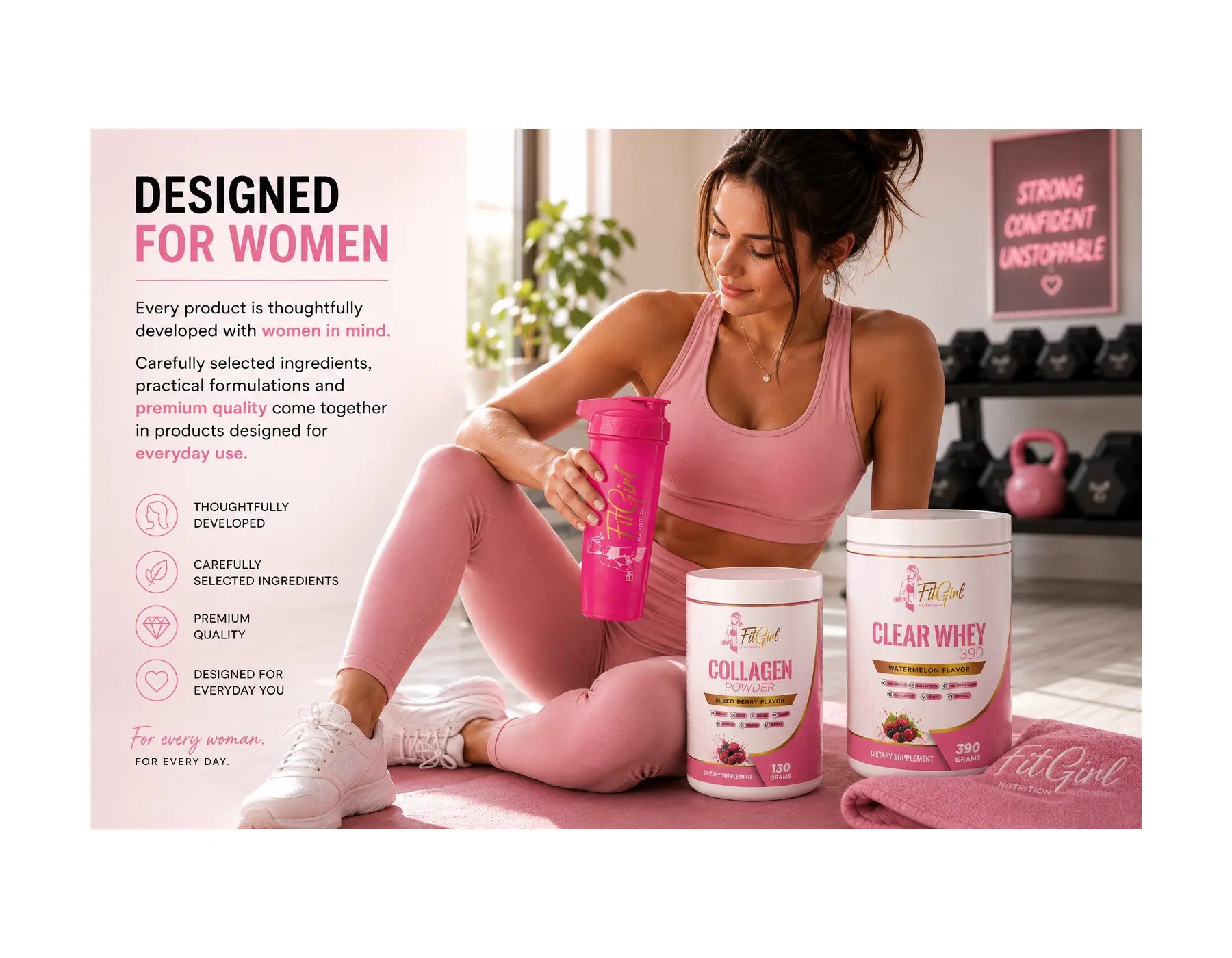 Active woman with FitGirl Nutrition collagen, clear whey and premium food supplements in a modern fitness lifestyle setting.