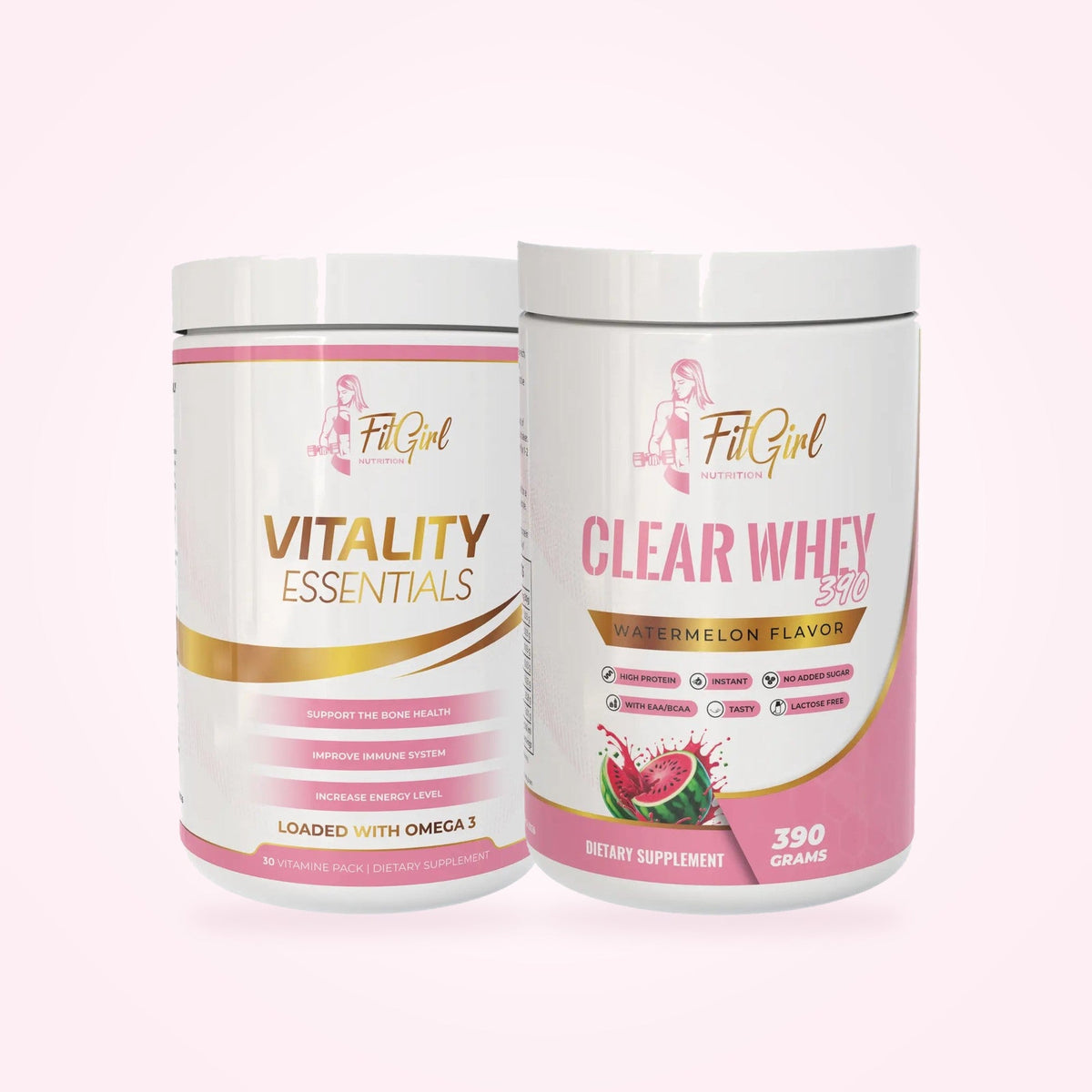 FitGirl Busy Girl Bundle – girl's vitality essentials and clear whey bundle with watermelon flavor.
