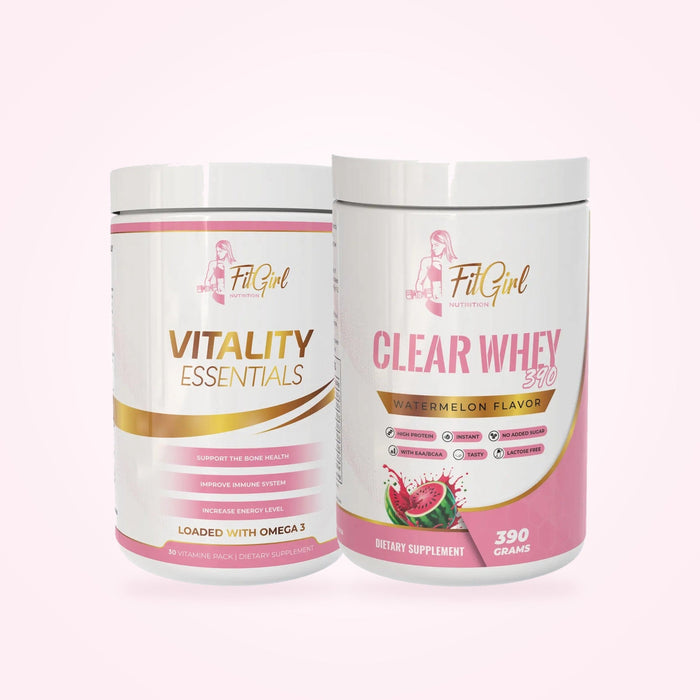FitGirl Busy Girl Bundle – girl's vitality essentials and clear whey bundle with watermelon flavor.