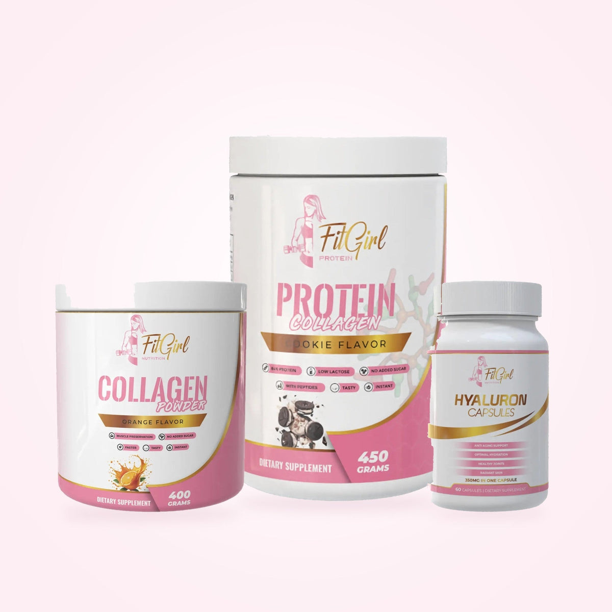 FitGirl collagen bundle including Collagen Powder, Protein + Collagen and Hyaluron capsules.