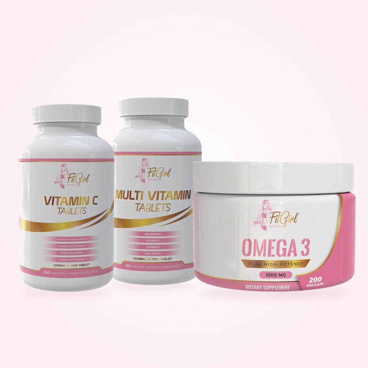 FitGirl Daily Essentials vitamin bundle for women includes Vitamin C, Multi Vitamin tablets, and Omega 3 gelcaps.