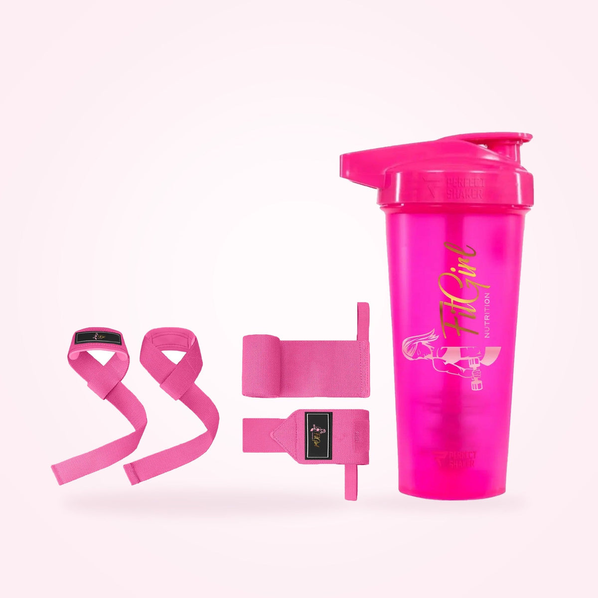 FitGirl Gym Bag Set including neon pink wrist wraps, lifting straps, and shaker for gym use.