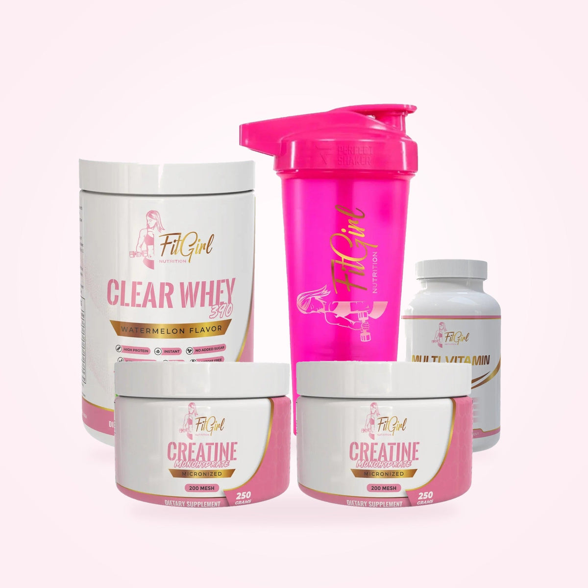 FitGirl Premium Starter Kit supplements including Clear Whey, Creatine, Multi Vitamin, and a shaker.