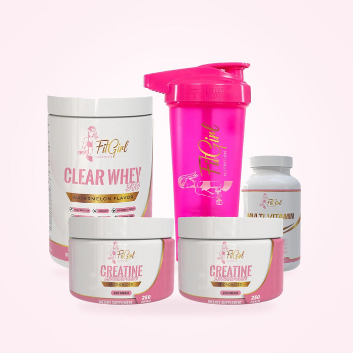FitGirl Premium Starter Kit supplements including Clear Whey, Creatine, Multi Vitamin, and a shaker.