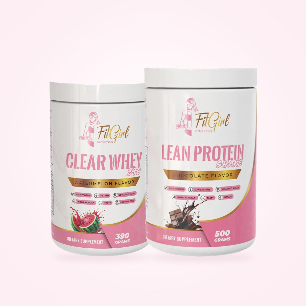 FitGirl protein duo bundle featuring Clear Whey and Lean Protein in watermelon and chocolate flavors.