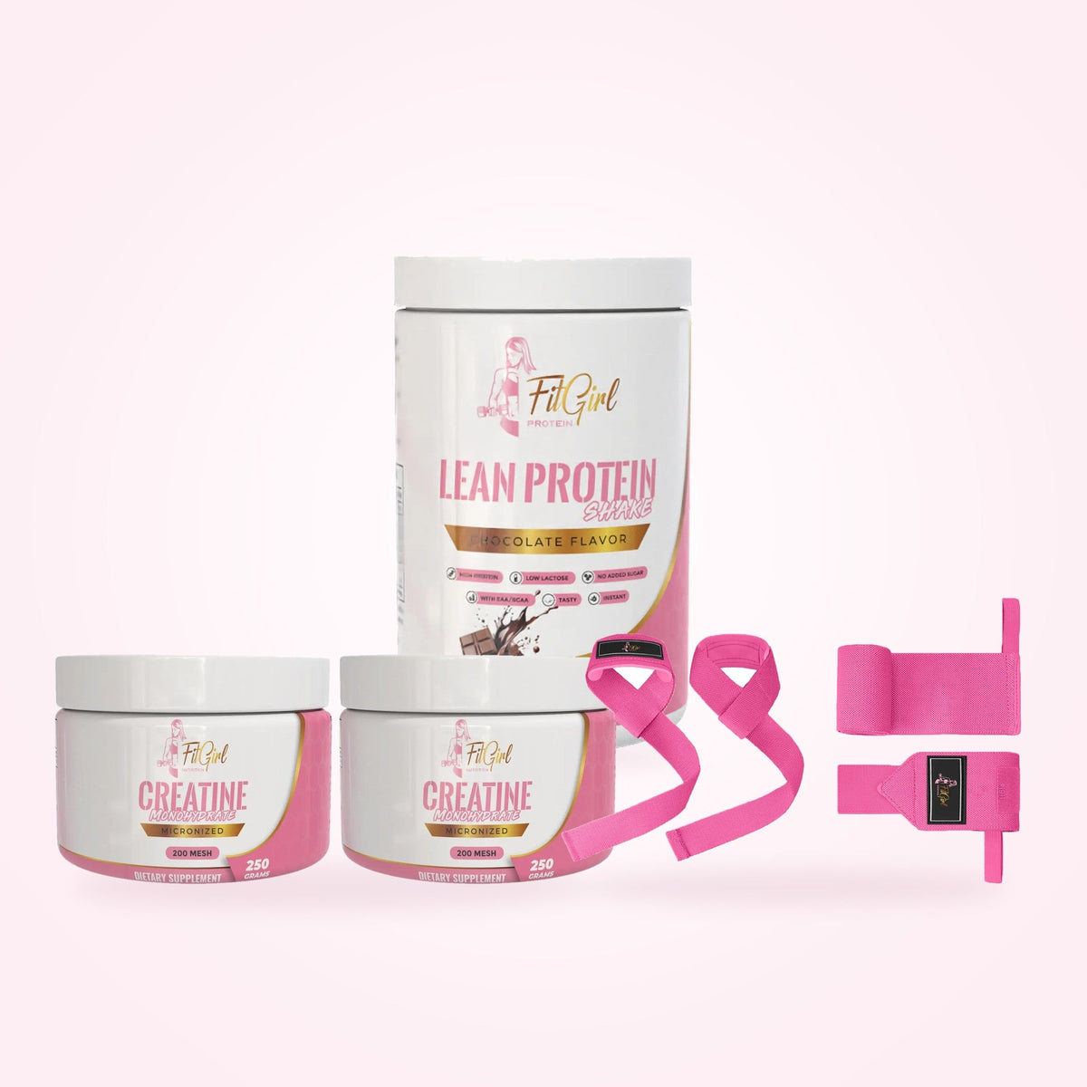 FitGirl Strength Bundle featuring lean protein and creatine bundle with pink wraps and straps.