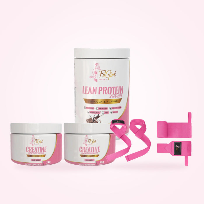 FitGirl Strength Bundle featuring lean protein and creatine bundle with pink wraps and straps.