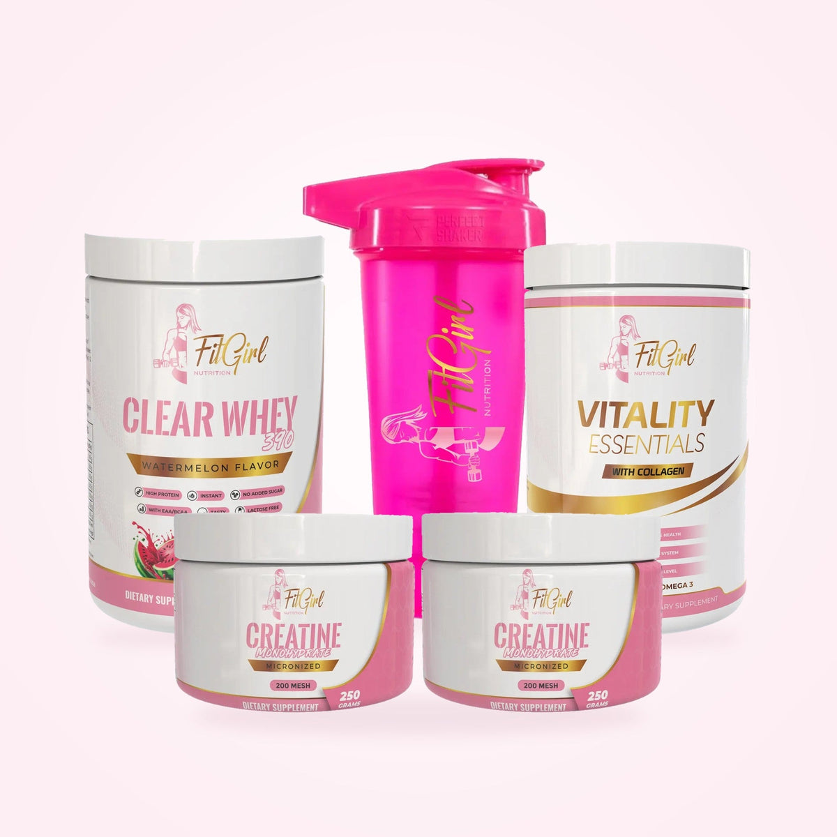 FitGirl supplement bundle featuring Clear Whey, Creatine, Vitality Essentials with shaker.