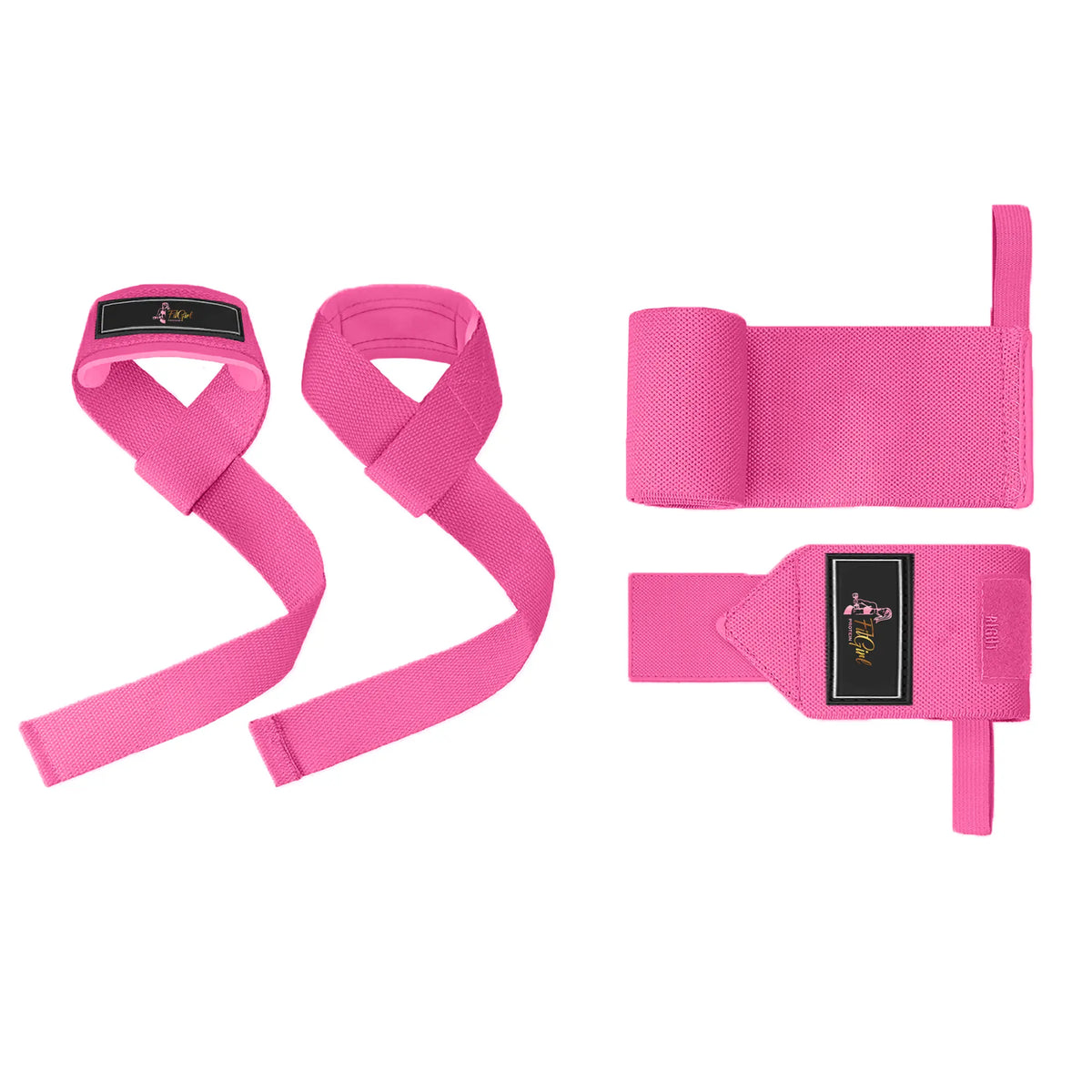 FitGirl Gym Bag Set including wrist wraps and lifting straps in neon pink.