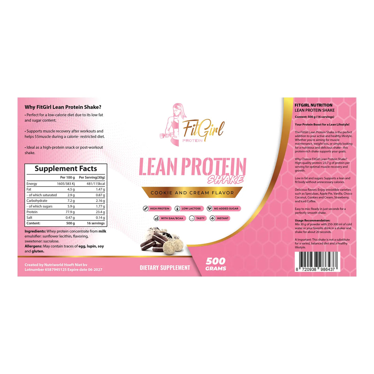 fitgirl lean protein 500g label cookies and cream 500 g
