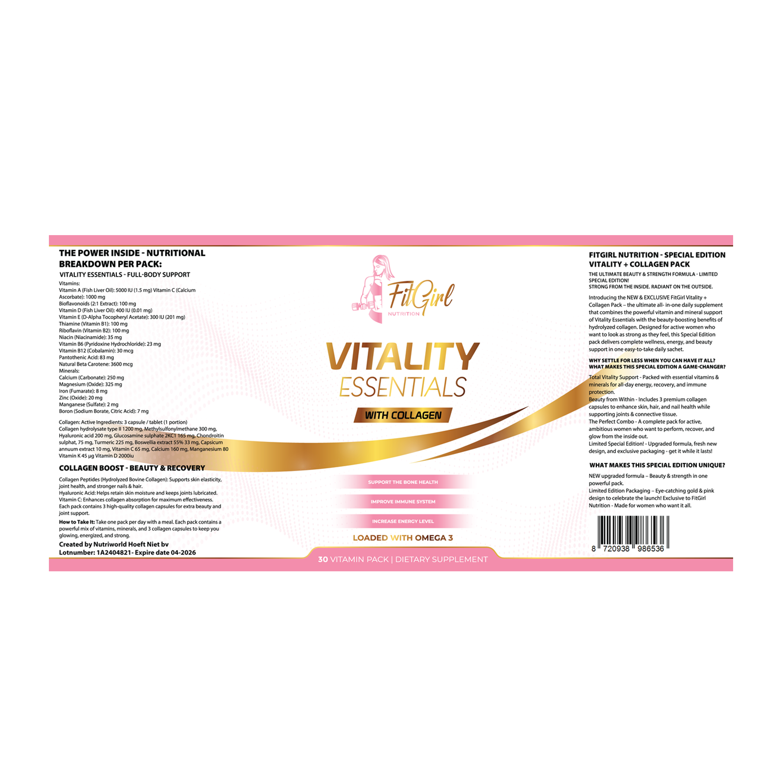 FitGirl Nutrition Vitality Essentials With Collagen 30 daily packs label