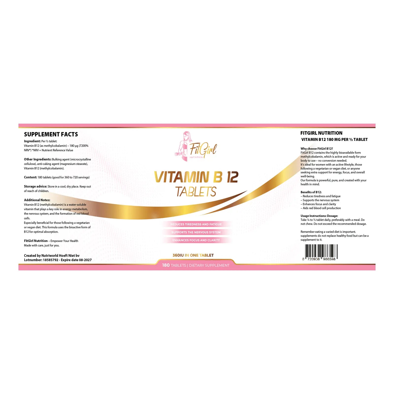FitGirl Nutrition Vitamin B12 180 tablets label