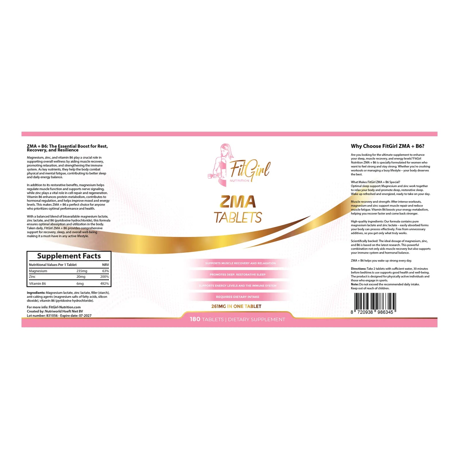 FitGirl Nutrition ZMA + B6 180 tablets label