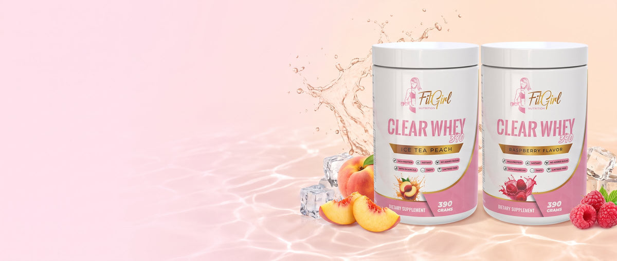 Two tubs of FitGirl Clear Whey with peach and raspberry