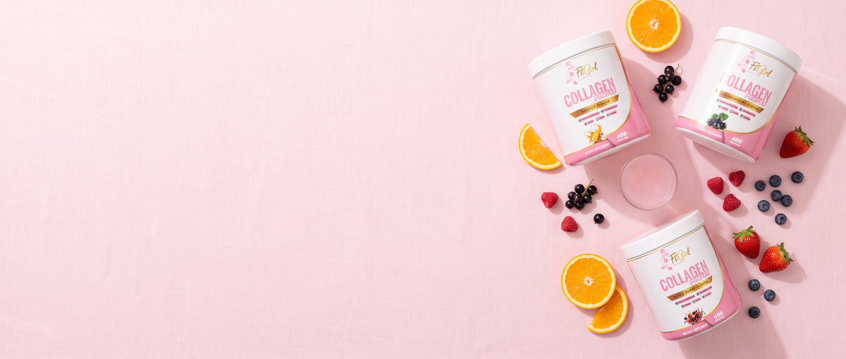 FitGirl Collagen Powder tubs with orange and berries