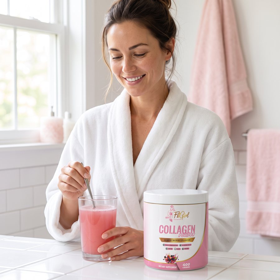 Woman stirring a pink collagen drink