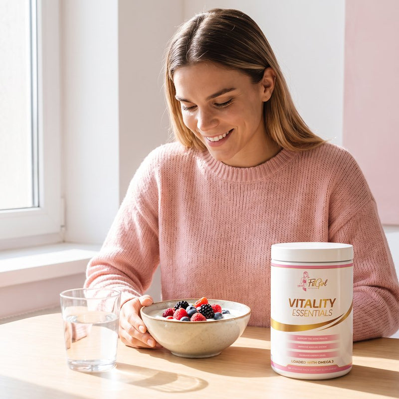 Woman at breakfast with FitGirl Vitality Essentials