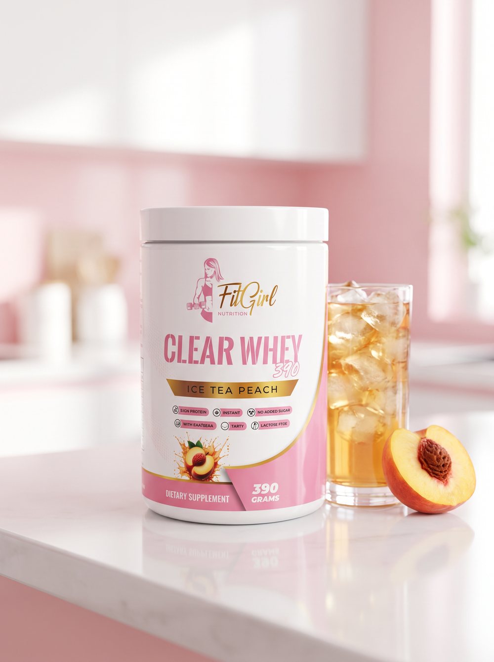 FitGirl Clear Whey Ice Tea Peach with a glass of iced tea