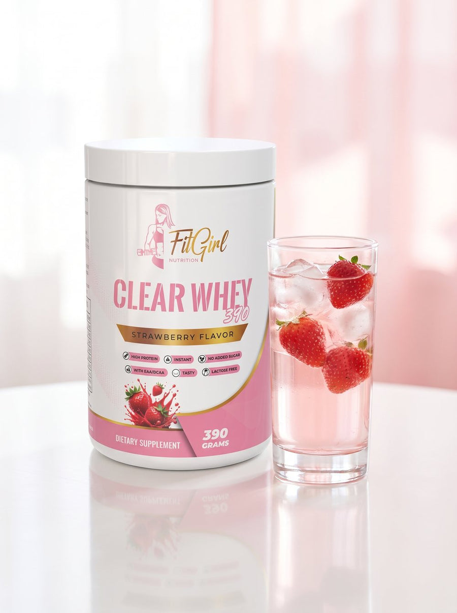 FitGirl Clear Whey Strawberry with a fresh strawberry drink