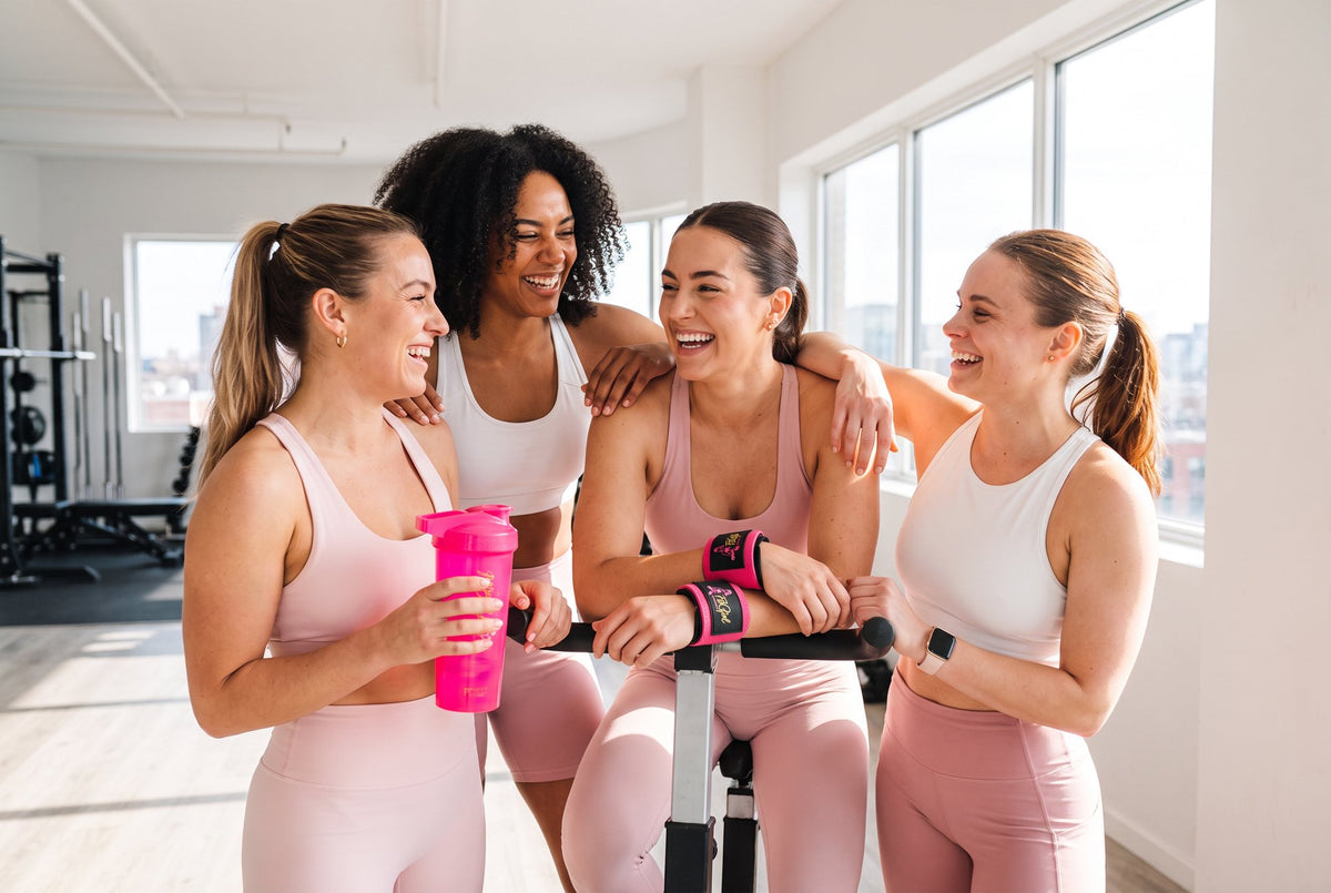 Four women laughing in the gym with a pink shaker
