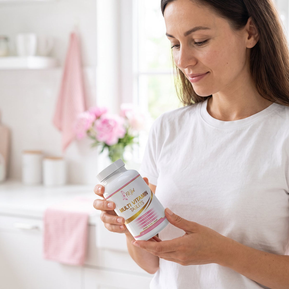 Woman holding a jar of FitGirl Multi Vitamin